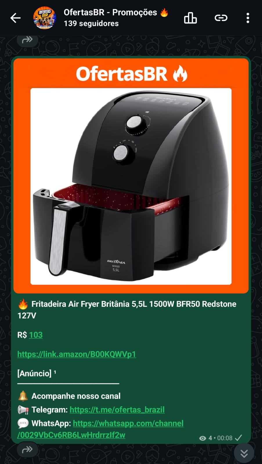 Captura da publicação de Air fryer Britânia BFR50 5,5L