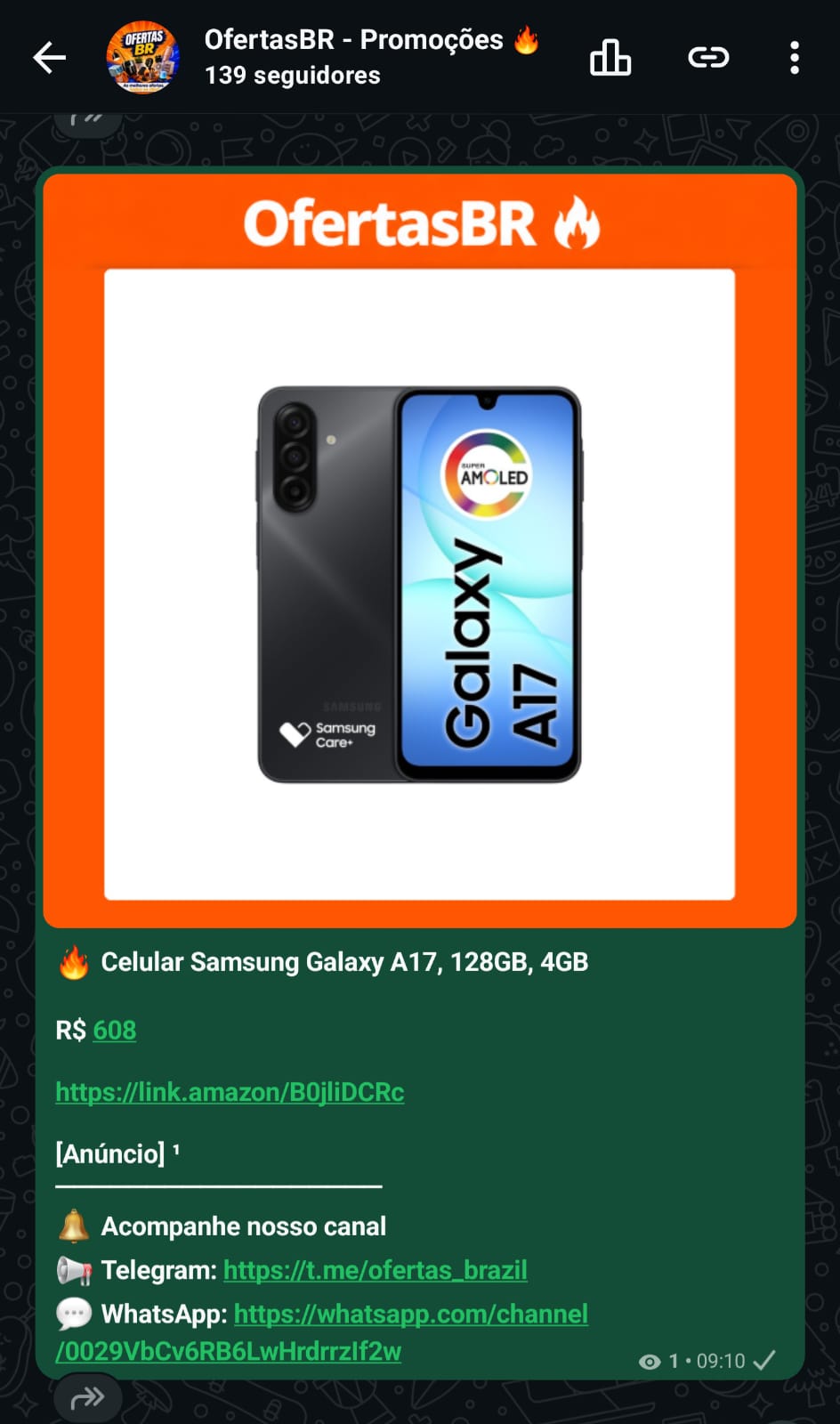 Print real da publicação de Galaxy A17 no canal OfertasBR