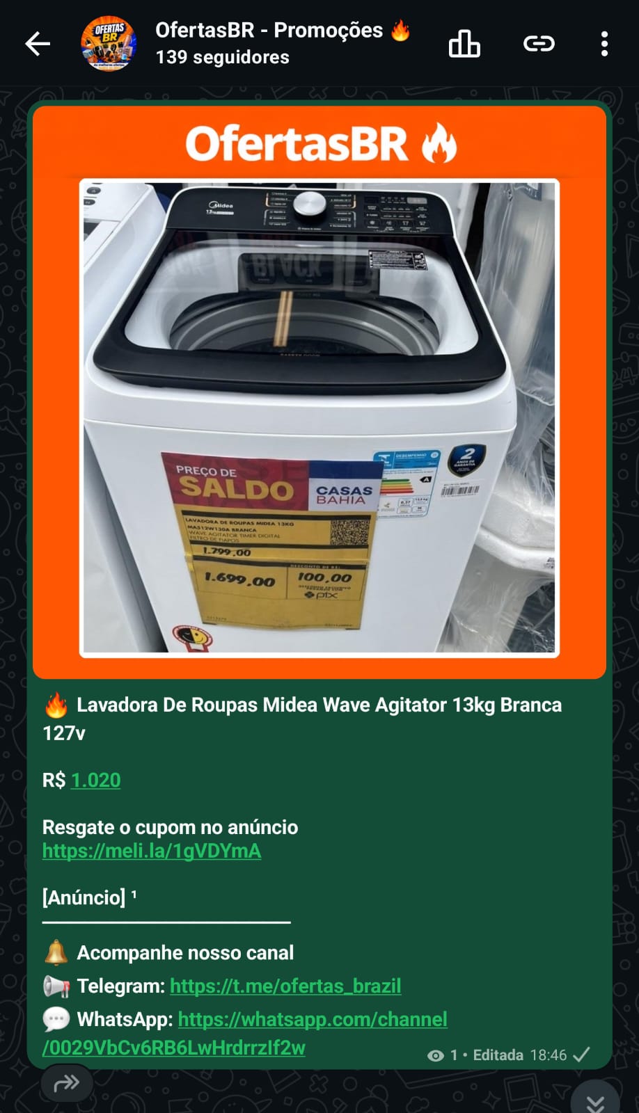 Captura da publicação de Lavadora Midea Wave 13kg
