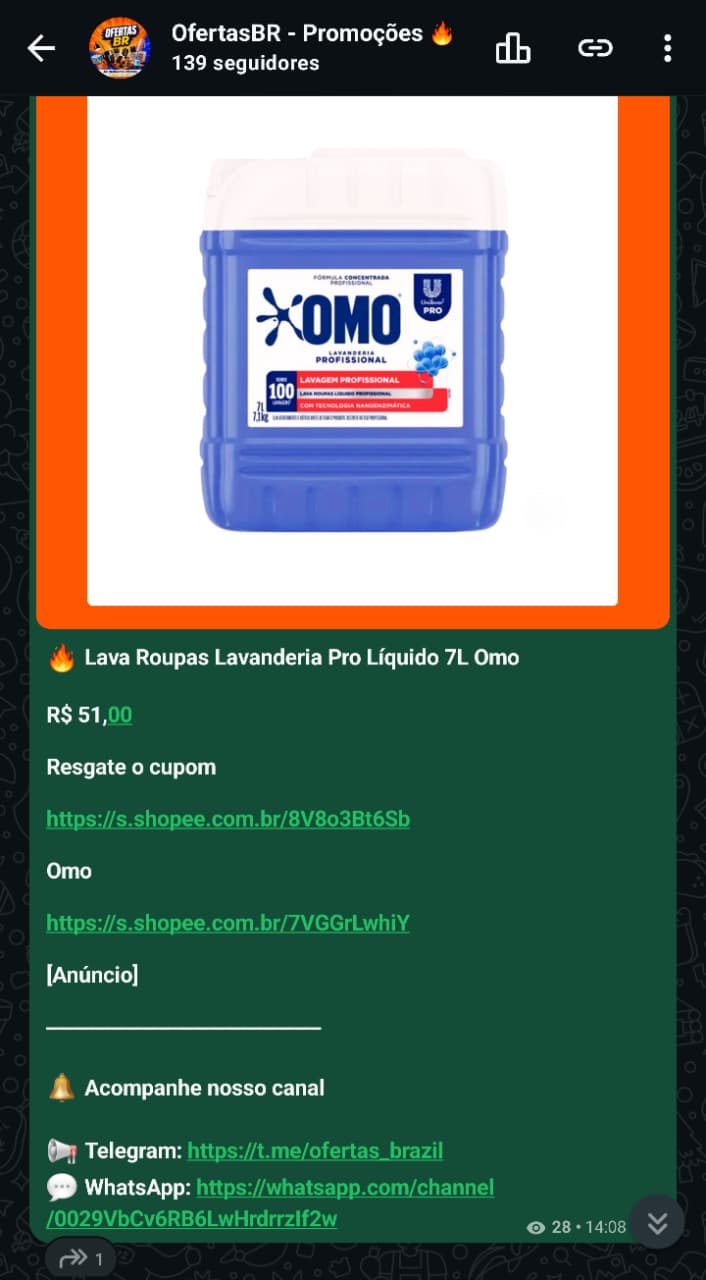 Print real da publicação de Omo Lavanderia Pro 7L no canal OfertasBR
