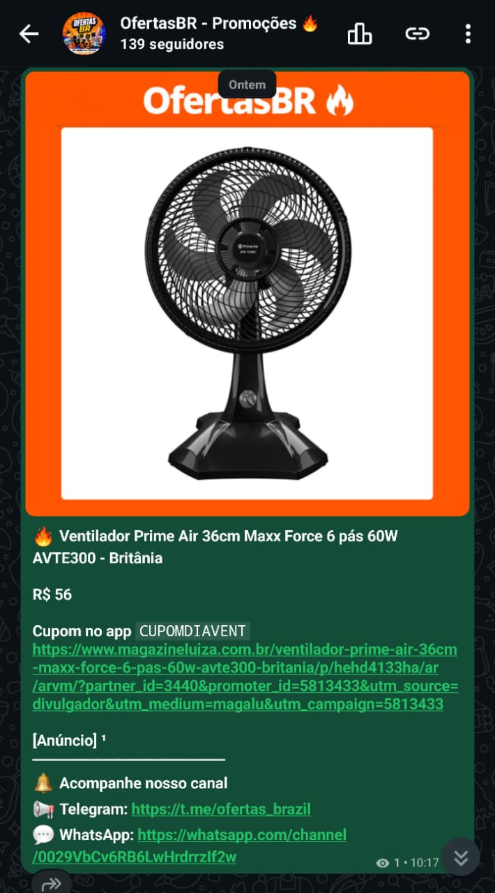 Captura da publicação de Ventilador Britânia AVTE300